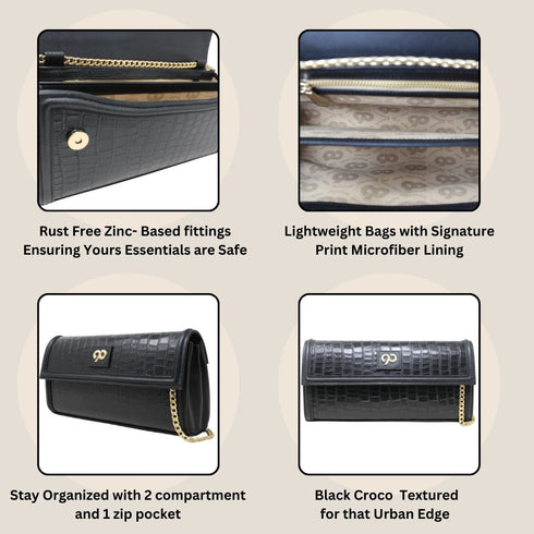 90 Feet Kaya Clutch Bag in Premium Genuine Leather (Black)